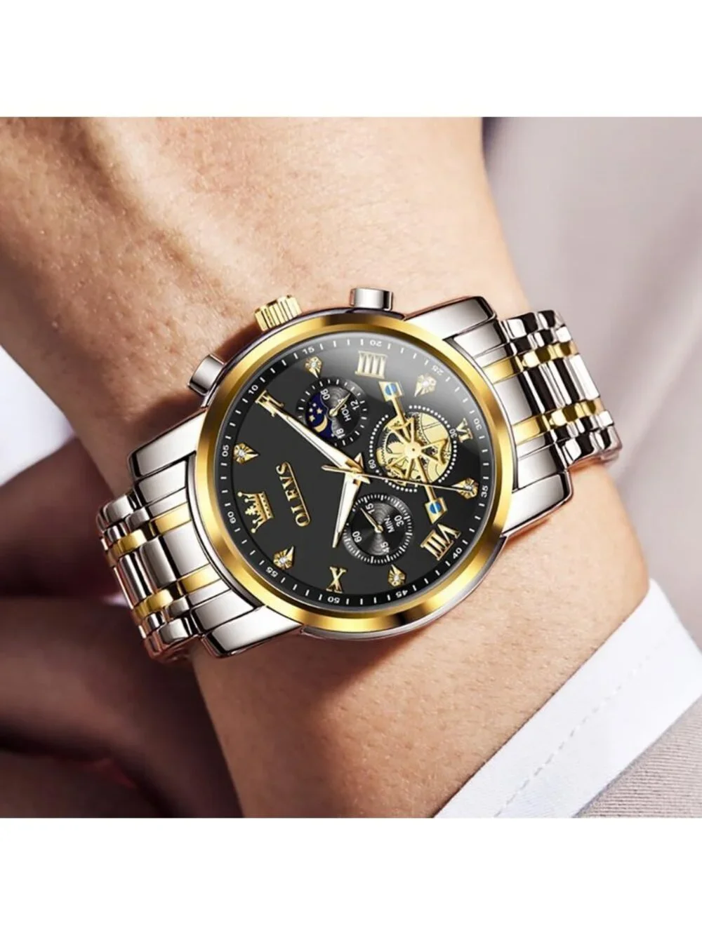 Men's Silver Black Skeleton Stainless Diamond Multi Calendar Chronograph Watch
